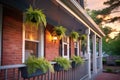 red brick colonial home, side porch with hanging ferns at sunset