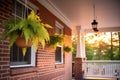 red brick colonial home, side porch with hanging ferns at sunset Royalty Free Stock Photo