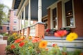 red brick colonial home, side porches with flowers