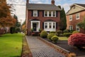 red brick colonial house with stone sidewalk