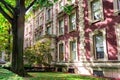 Red brick Columbia university campus building in shades of colorful trees Royalty Free Stock Photo