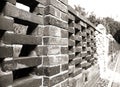 Red brick fence, architectural structure in black and white