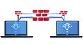 Red Brick Firewall Securing a Blue Network Connection Between Two Laptops Royalty Free Stock Photo