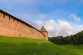 Red brick fortress walls of Kremlin of Novgorod. Veliky Novgorod