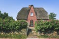 Red brick Frisian house with roses hedge on Sylt island. Thatched roof Royalty Free Stock Photo