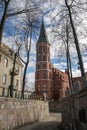 Red brick gothic church with bell tower Royalty Free Stock Photo