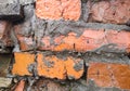 Red brick masonry texture with orange tint and gray seams. Background of red bricks tumbled out of the wall Royalty Free Stock Photo