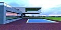 Red brick paving around the swimming pool in the yard of a stylish modern country house with a glass-walled cantilevered floor. 3d Royalty Free Stock Photo
