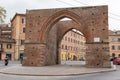 Red brick Porta Maggiore (known as Porta Mazzini) in Bologna, Italy