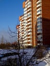 Red brick residential houses built during Soviet times, apartments buildings in Lasnamae during winter time with snow