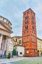 The Romanesque bell tower of the Virgin of the Consolation Church Santuario della Consolata, Turin, Italy