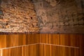 The red brick roof and wooden slat walls in the room Royalty Free Stock Photo