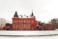 Red brick Russian revival style state bank in Orel, Russia, panorama