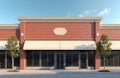 Red brick storefront with large windows and white awnings sits empty on a clear day. Two small trees frame the facade. Building Royalty Free Stock Photo