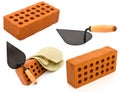 Red brick, trowel and gauntlet set isolated