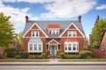 red brick twostory colonial house with gabled dormer windows