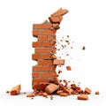 Red brick wall breaking apart, isolated on white - dynamic destruction, Ai Generated Royalty Free Stock Photo