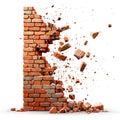 Red brick wall breaking apart, isolated on white - dynamic destruction, Ai Generated Royalty Free Stock Photo