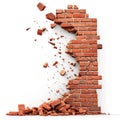 Red brick wall breaking apart, isolated on white - dynamic destruction, Ai Generated Royalty Free Stock Photo