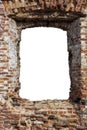 Red brick wall with a hole in the middle. isolated on white background. grunge frame. vertical frame Royalty Free Stock Photo