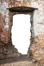 red brick wall with a hole in the middle. isolated on white background. grunge frame. vertical frame Royalty Free Stock Photo