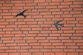 Red brick wall with metal shaped birds attached to it Royalty Free Stock Photo