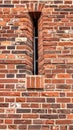 Red Brick Wall with Narrow Window Opening and Metal Bars in Vertical View Royalty Free Stock Photo