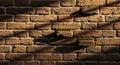 Red brick wall with uneven surface and shadows, suggesting sunlight from an angle. Royalty Free Stock Photo