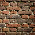 Red brick wall with uneven, weathered bricks. Some bricks have visible cracks and are Royalty Free Stock Photo