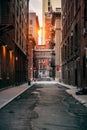 Red bricks building at New York City street at sunset time Royalty Free Stock Photo