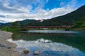 Red bridge across Kiso river, Japan Royalty Free Stock Photo