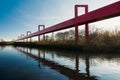 The red bridge on a blue sky background