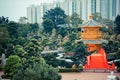 Red bridge and Chinese golden pavilion Royalty Free Stock Photo