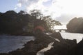 Red bridge conecting volcanic rock formations in Sado Island in Yajima and Kyojima.