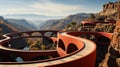 A red bridge with a curved walkway