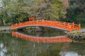 The red bridge at Fujisan Hongu Sengen Taisha temple, Fujinomiya, Shizuoka city, Japan. Tourist attraction. Architecture landscape