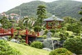 Red bridge and a gazebo at the Vinpearl in Nha Trang in Vietnam. January 18, 2020 Royalty Free Stock Photo