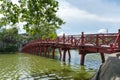 Red Bridge- The Huc Bridge in Hoan Kiem Lake, Hanoi, Vietnam Royalty Free Stock Photo