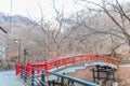 A red bridge in Ikaho Onsen on autumn is a hot spring town located on the eastern slopes of Mount Haruna , famous place of Gun