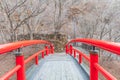 A red bridge in Ikaho Onsen on autumn is a hot spring town located on the eastern slopes of Mount Haruna , famous place of Gun