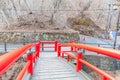 A red bridge in Ikaho Onsen on autumn is a hot spring town located on the eastern slopes of Mount Haruna , famous place of Gun