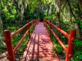 Red Bridge over water, with moss covered trees. Charleston, SC. Royalty Free Stock Photo