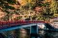 Red bridge at Korankei in autumn at Aichi