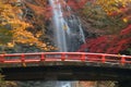 The red bridge in minoh waterfall Royalty Free Stock Photo