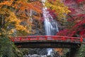 The red bridge in minoh waterfall Royalty Free Stock Photo