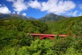 Red bridge with mountain