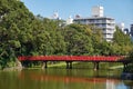 Red bridge over Kawazokoike Pond in Tennoji Park. Osaka. Japan