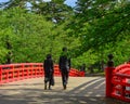 Red bridge over the moat Royalty Free Stock Photo