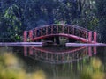 The red bridge over the small lake Royalty Free Stock Photo