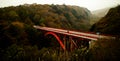 A red bridge stretching across a Japanese valley covered in Autumnal colours Royalty Free Stock Photo